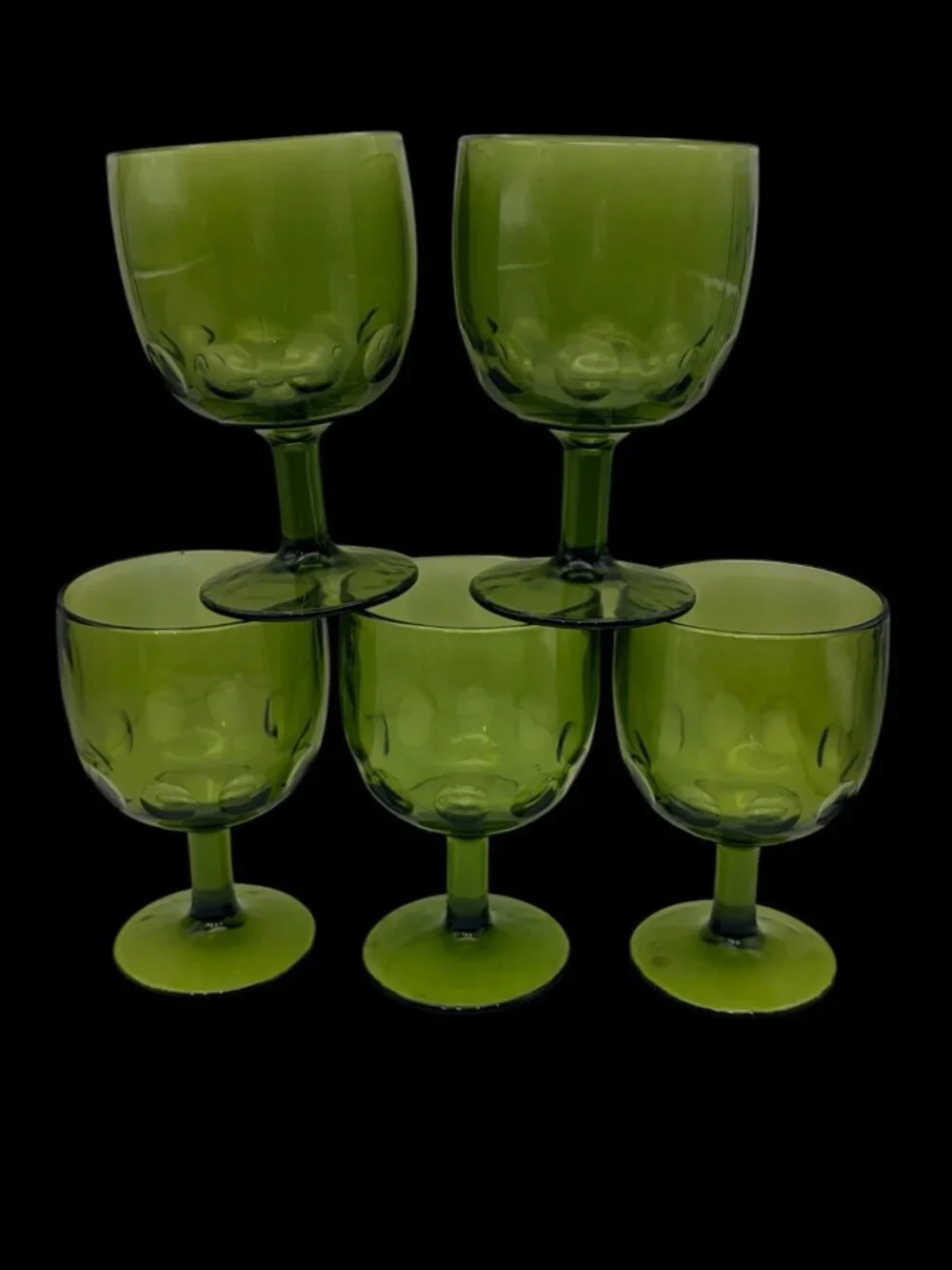 Vintage Bartlett Collin 1970s Avocado Green Thumbprint Goblets –Coin Dot Glasses
